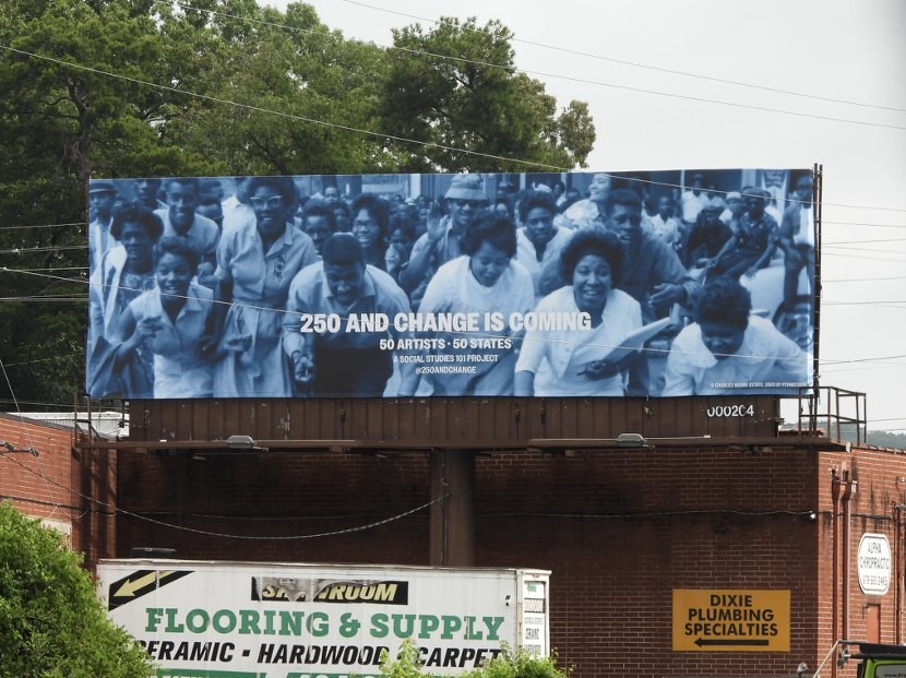 Carrie Mae Weems 250 and Change Is Coming bulletin on South Marietta Parkway